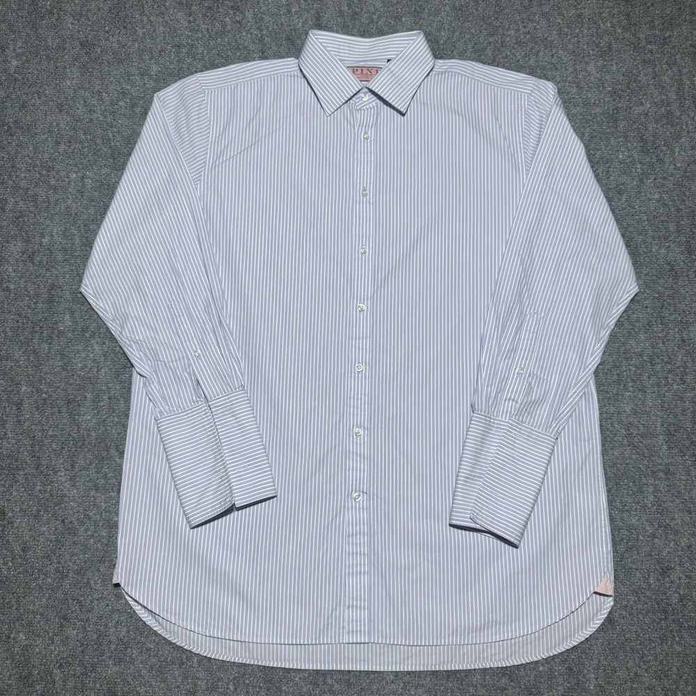 Thomas Pink Classic Fit French Cuff Men 17.5 35.5 Purple White Striped Button